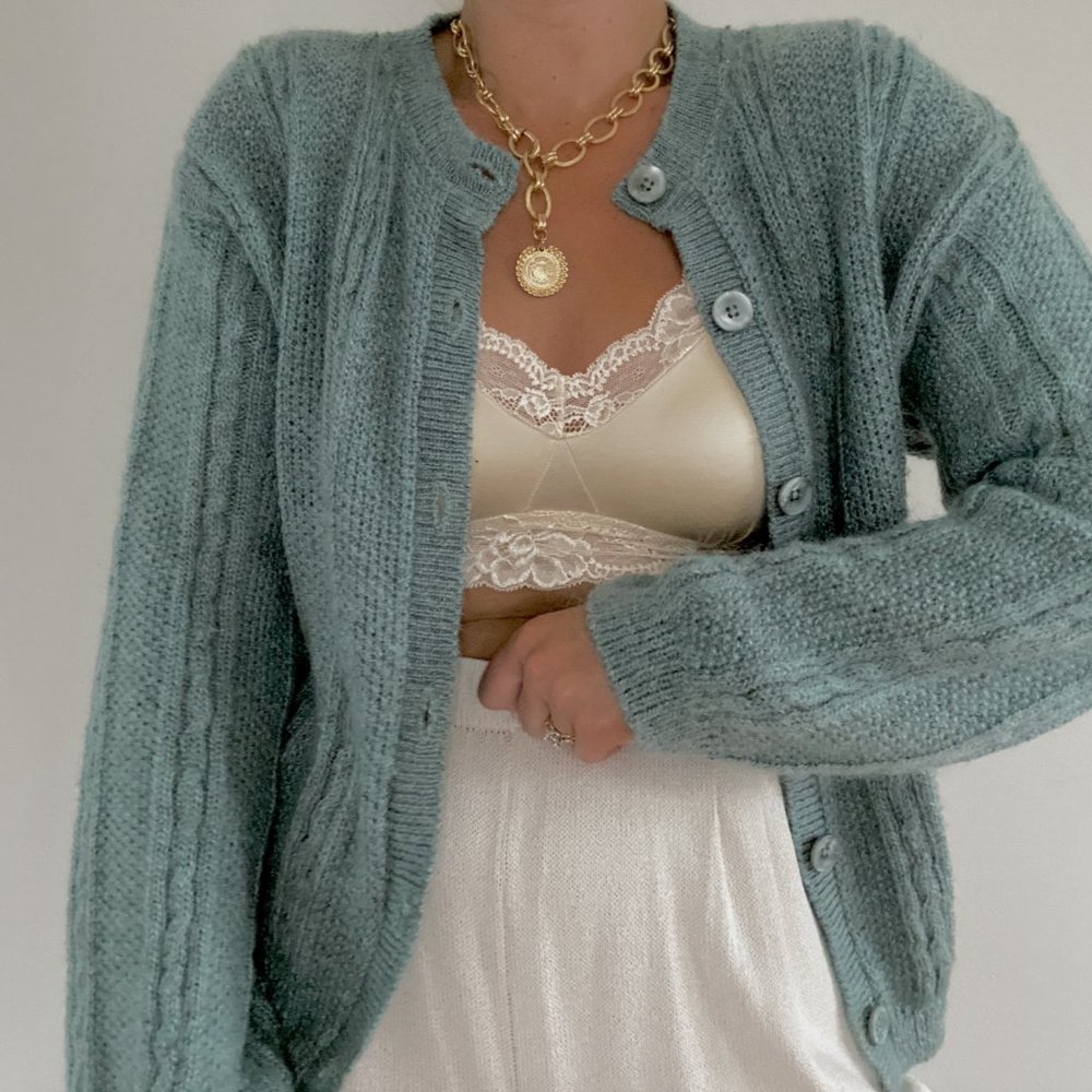Vintage L.L. Bean Sage Green Mohair Cable Knit Cardigan Sweater - Picture 7 of 13